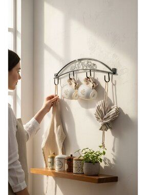 Black Metal Wall-Mounted Coffee-Themed Hook Rack With 4 Hooks